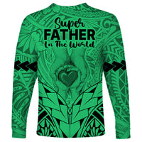 Polynesian Father's Day Gift For Dad Long Sleeve Shirt Super Father In The World - Green Polynesian Pattern - Wonder Print Shop