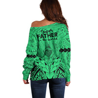 Polynesian Father's Day Gift For Dad Off Shoulder Sweater Super Father In The World - Green Polynesian Pattern - Wonder Print Shop