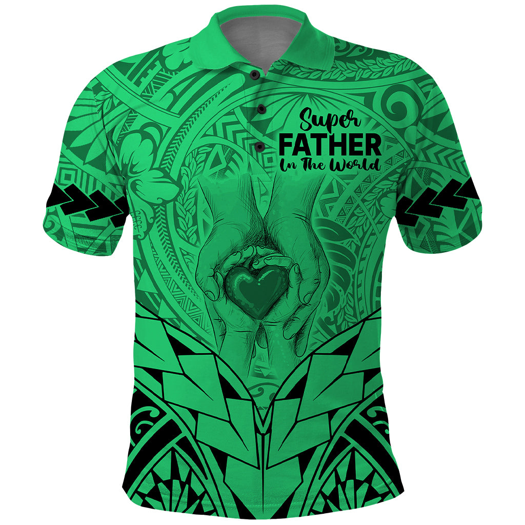 Polynesian Fathers Day Gift For Dad Polo Shirt Super Father In The World Green Polynesian Pattern - Wonder Print Shop