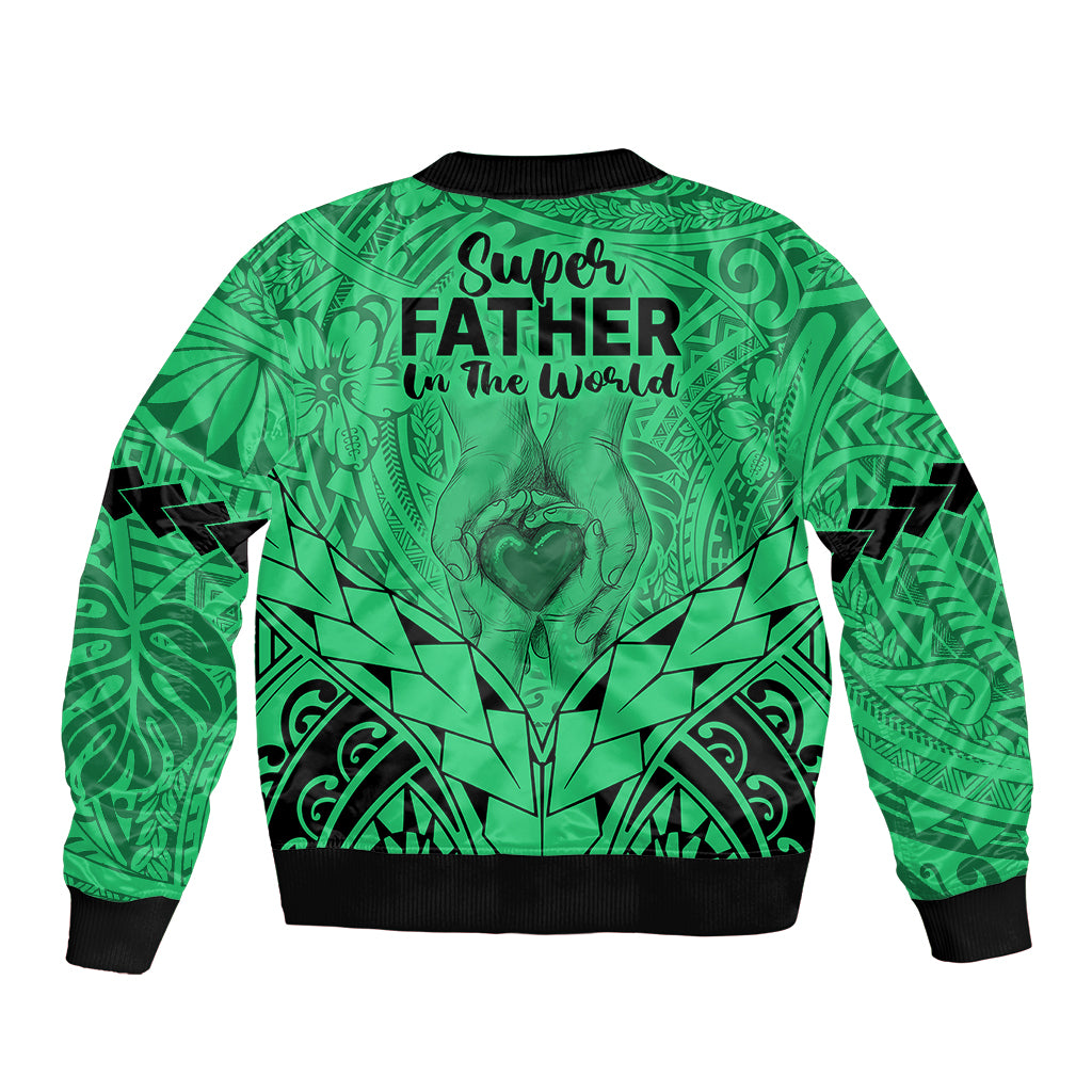 Polynesian Father's Day Gift For Dad Sleeve Zip Bomber Jacket Super Father In The World - Green Polynesian Pattern - Wonder Print Shop