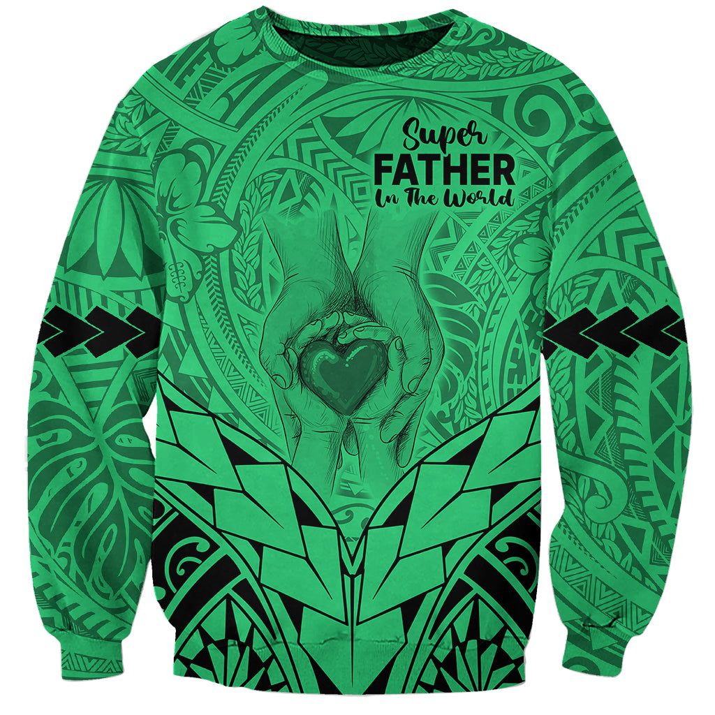 Polynesian Father's Day Gift For Dad Sweatshirt Super Father In The World - Green Polynesian Pattern - Wonder Print Shop