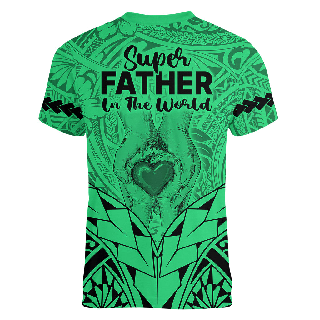 Polynesian Father's Day Gift For Dad Women V Neck T Shirt Super Father In The World - Green Polynesian Pattern - Wonder Print Shop