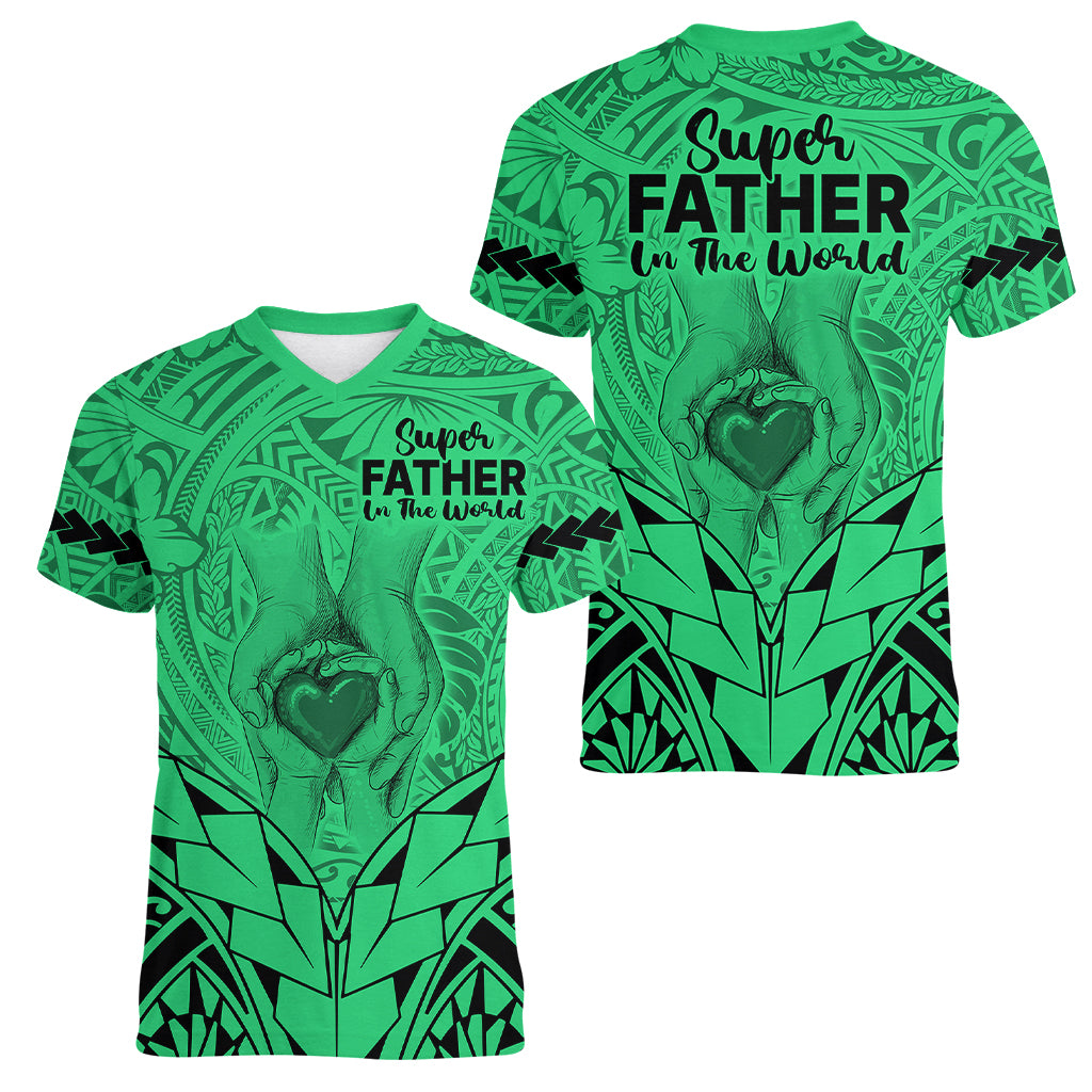Polynesian Father's Day Gift For Dad Women V Neck T Shirt Super Father In The World - Green Polynesian Pattern - Wonder Print Shop