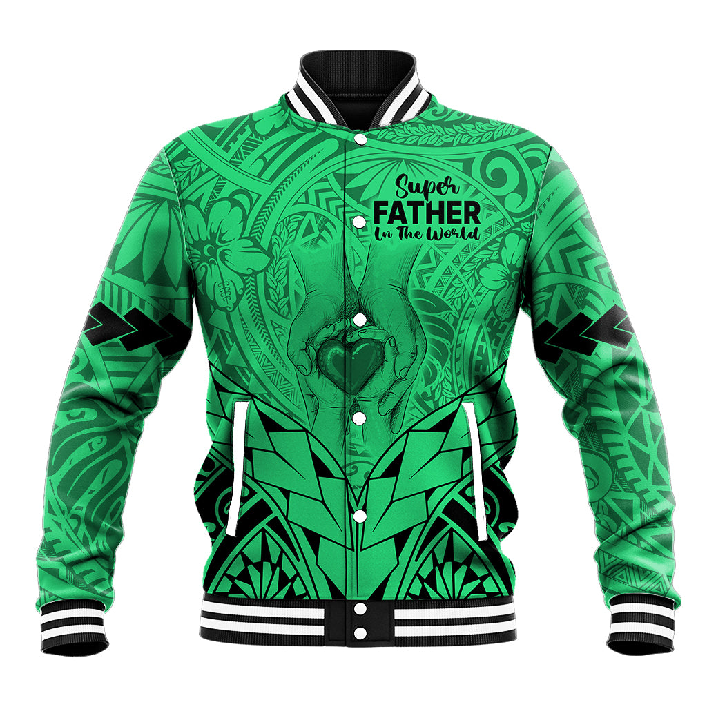 Personalised Polynesian Father's Day Gift For Dad Baseball Jacket Super Father In The World - Green Polynesian Pattern LT9 - Wonder Print Shop