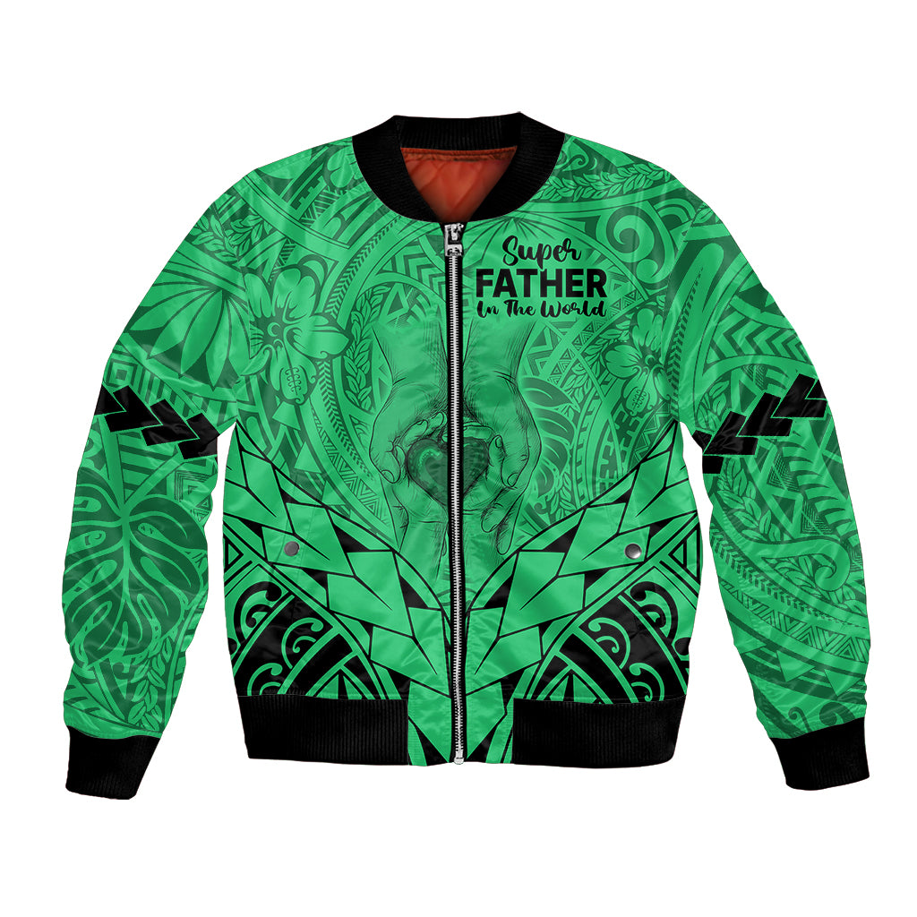 Personalised Polynesian Father's Day Gift For Dad Bomber Jacket Super Father In The World - Green Polynesian Pattern LT9 - Wonder Print Shop