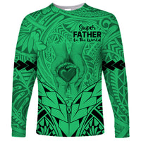 Personalised Polynesian Father's Day Gift For Dad Long Sleeve Shirt Super Father In The World - Green Polynesian Pattern - Wonder Print Shop