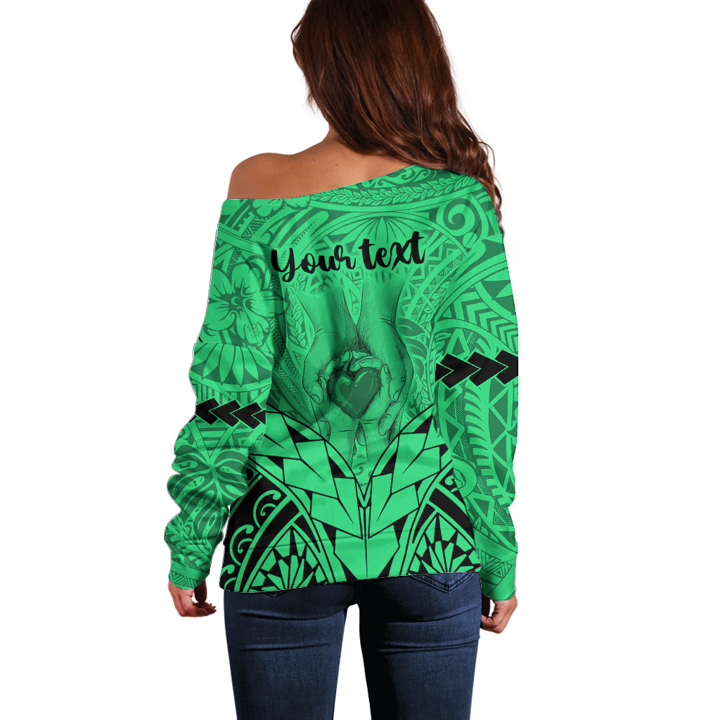 Personalised Polynesian Father's Day Gift For Dad Off Shoulder Sweater Super Father In The World - Green Polynesian Pattern - Wonder Print Shop