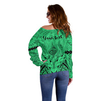 Personalised Polynesian Father's Day Gift For Dad Off Shoulder Sweater Super Father In The World - Green Polynesian Pattern - Wonder Print Shop