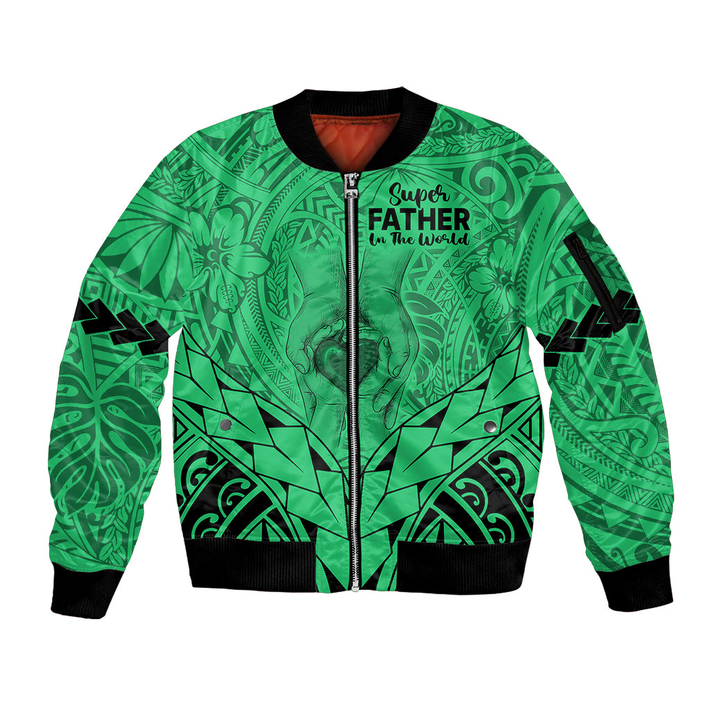 Personalised Polynesian Father's Day Gift For Dad Sleeve Zip Bomber Jacket Super Father In The World - Green Polynesian Pattern - Wonder Print Shop