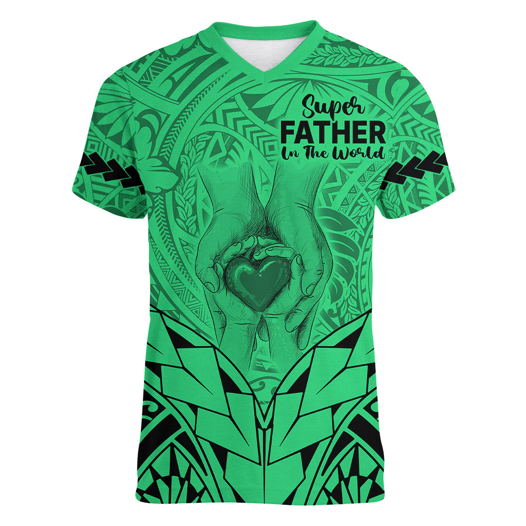 Personalised Polynesian Father's Day Gift For Dad Women V Neck T Shirt Super Father In The World - Green Polynesian Pattern - Wonder Print Shop