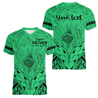 Personalised Polynesian Father's Day Gift For Dad Women V Neck T Shirt Super Father In The World - Green Polynesian Pattern - Wonder Print Shop