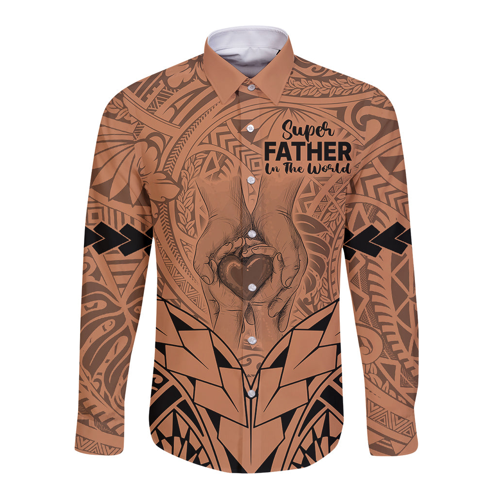 Polynesian Father's Day Gift For Dad Long Sleeve Button Shirt Super Father In The World - Nude Polynesian Pattern - Wonder Print Shop