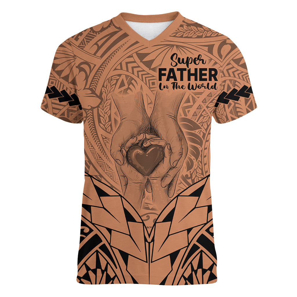 Personalised Polynesian Father's Day Gift For Dad Women V Neck T Shirt Super Father In The World - Nude Polynesian Pattern - Wonder Print Shop