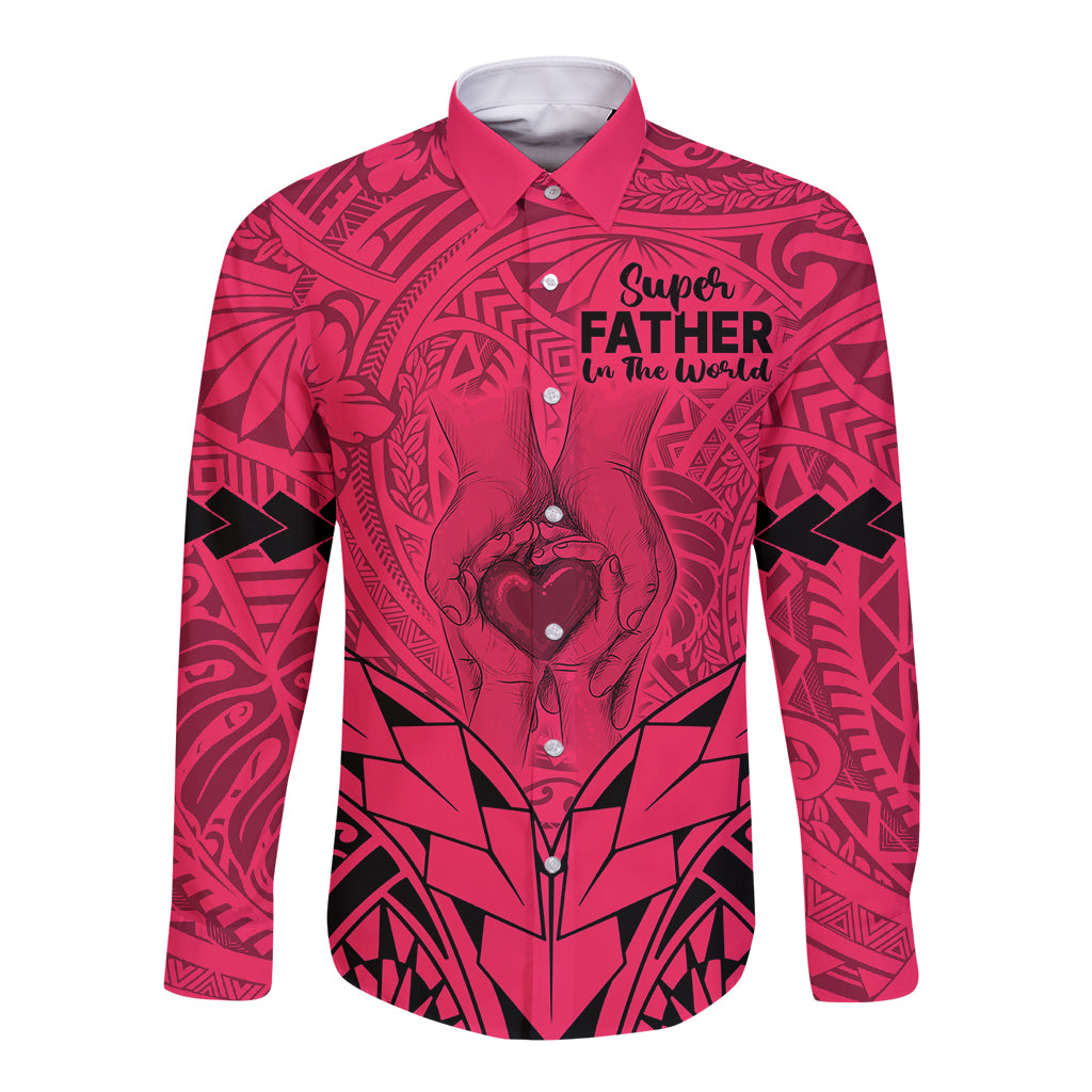 Polynesian Father's Day Gift For Dad Long Sleeve Button Shirt Super Father In The World - Pink Polynesian Pattern - Wonder Print Shop