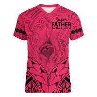 Polynesian Father's Day Gift For Dad Women V Neck T Shirt Super Father In The World - Pink Polynesian Pattern - Wonder Print Shop