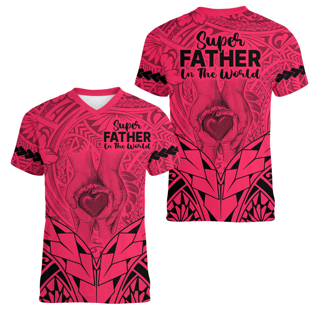 Polynesian Father's Day Gift For Dad Women V Neck T Shirt Super Father In The World - Pink Polynesian Pattern - Wonder Print Shop