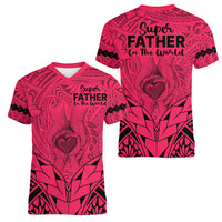 Polynesian Father's Day Gift For Dad Women V Neck T Shirt Super Father In The World - Pink Polynesian Pattern - Wonder Print Shop