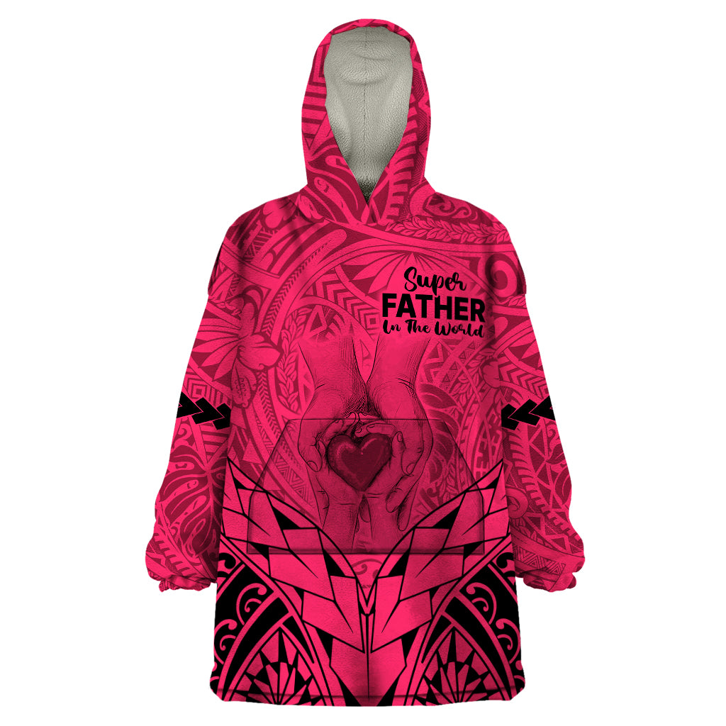 Personalised Polynesian Father's Day Gift For Dad Wearable Blanket Hoodie Super Father In The World - Pink Polynesian Pattern - Wonder Print Shop