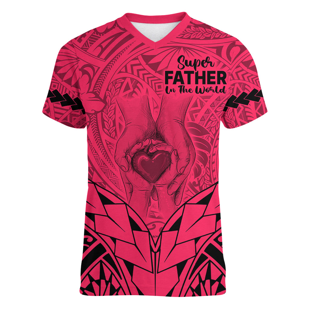Personalised Polynesian Father's Day Gift For Dad Women V Neck T Shirt Super Father In The World - Pink Polynesian Pattern - Wonder Print Shop