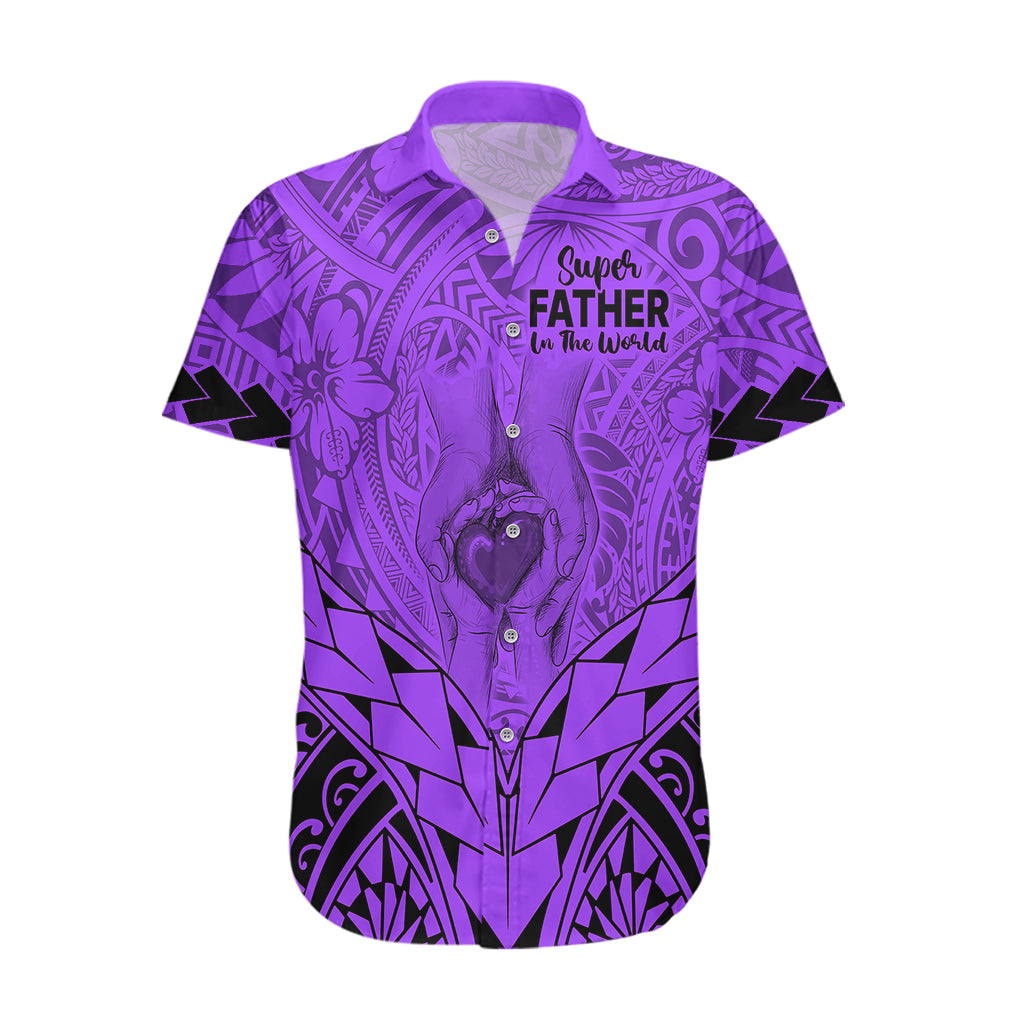 polynesian-fathers-day-gift-for-dad-hawaiian-shirt-super-father-in-the-world-purple-polynesian-pattern