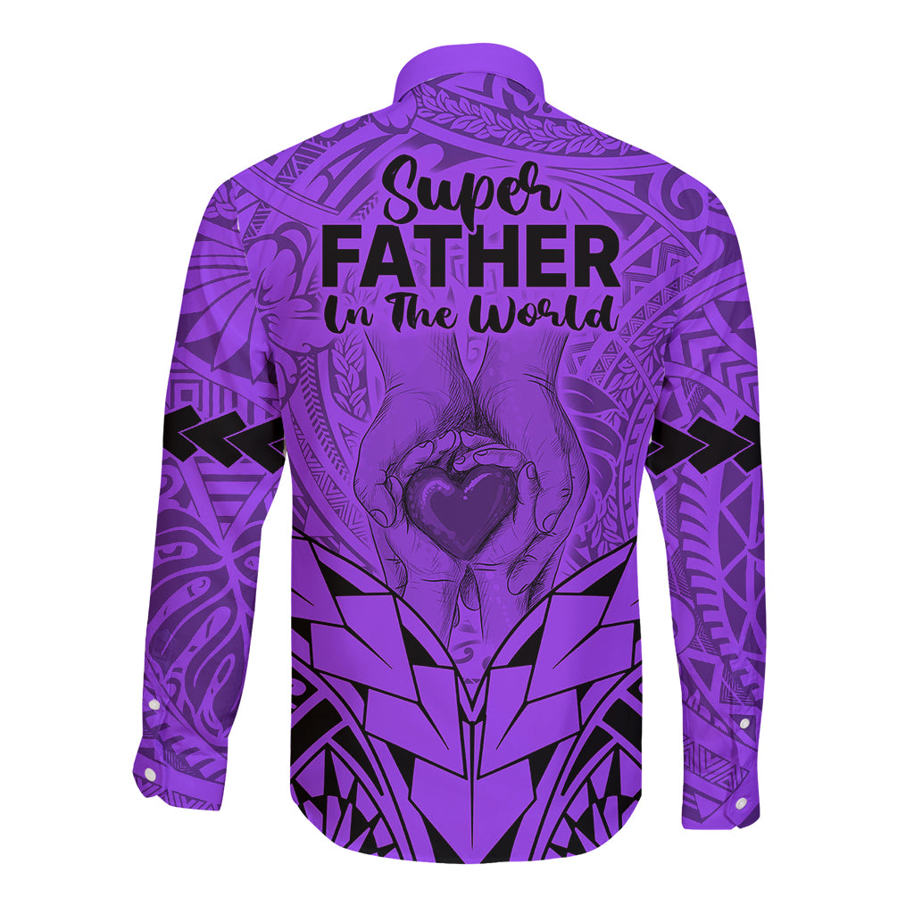 Polynesian Father's Day Gift For Dad Long Sleeve Button Shirt Super Father In The World - Purple Polynesian Pattern - Wonder Print Shop