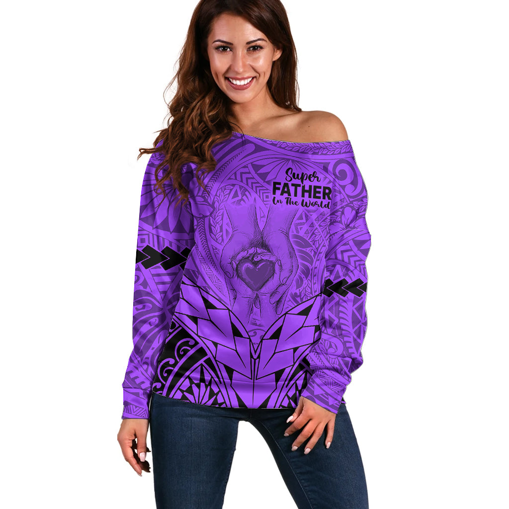 polynesian-fathers-day-gift-for-dad-off-shoulder-sweater-super-father-in-the-world-purple-polynesian-pattern