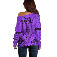 Polynesian Father's Day Gift For Dad Off Shoulder Sweater Super Father In The World - Purple Polynesian Pattern - Wonder Print Shop