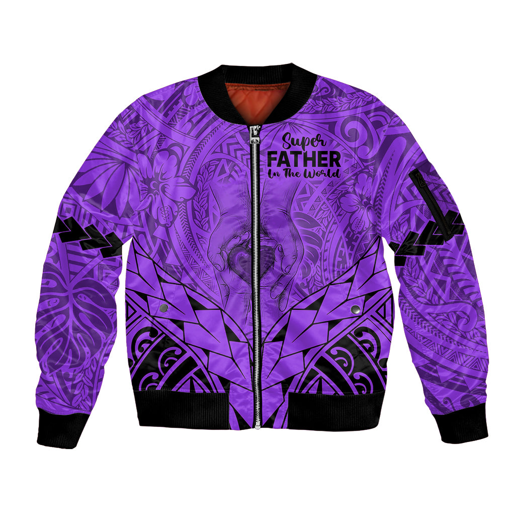 polynesian-fathers-day-gift-for-dad-sleeve-zip-bomber-jacket-super-father-in-the-world-purple-polynesian-pattern