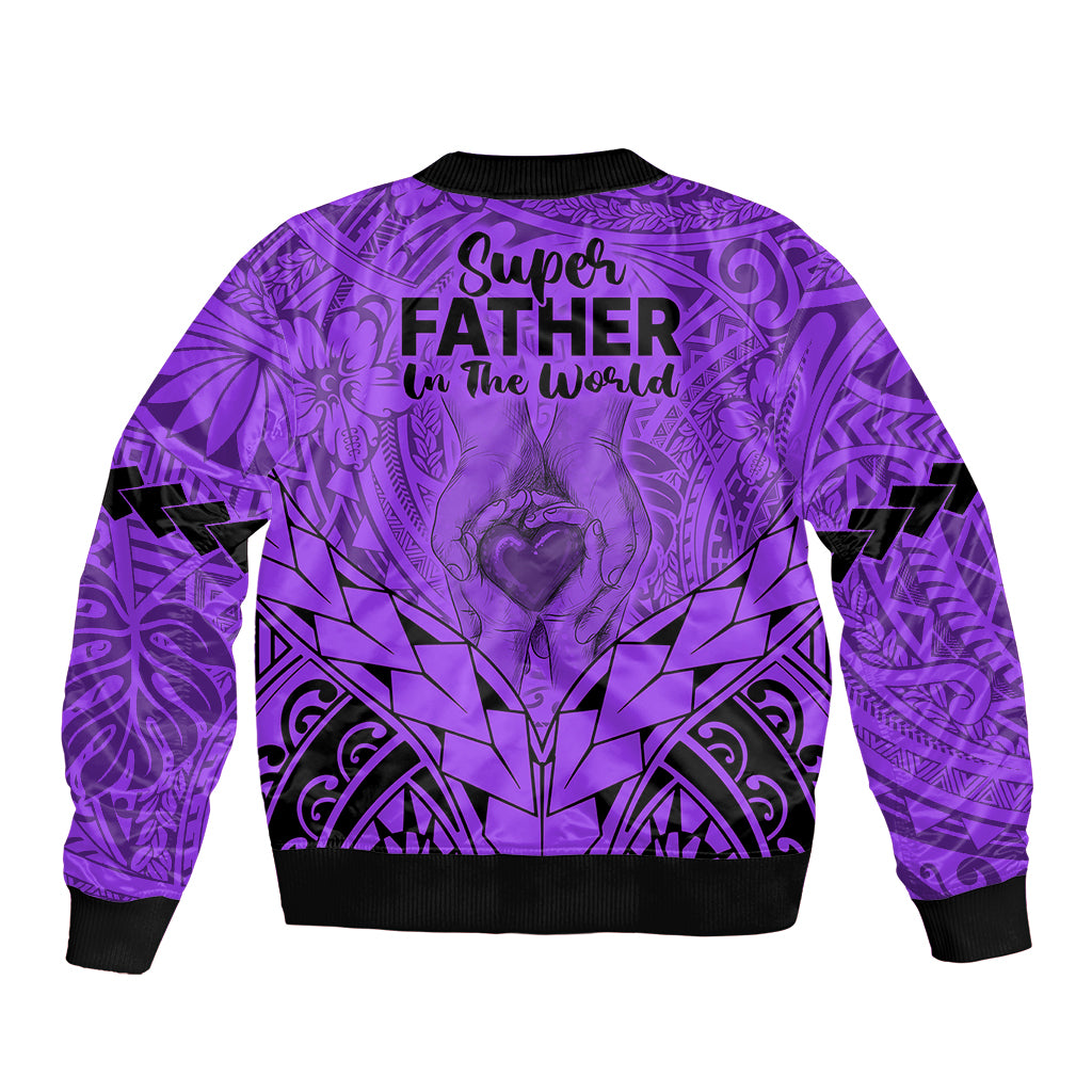 Polynesian Father's Day Gift For Dad Sleeve Zip Bomber Jacket Super Father In The World - Purple Polynesian Pattern - Wonder Print Shop