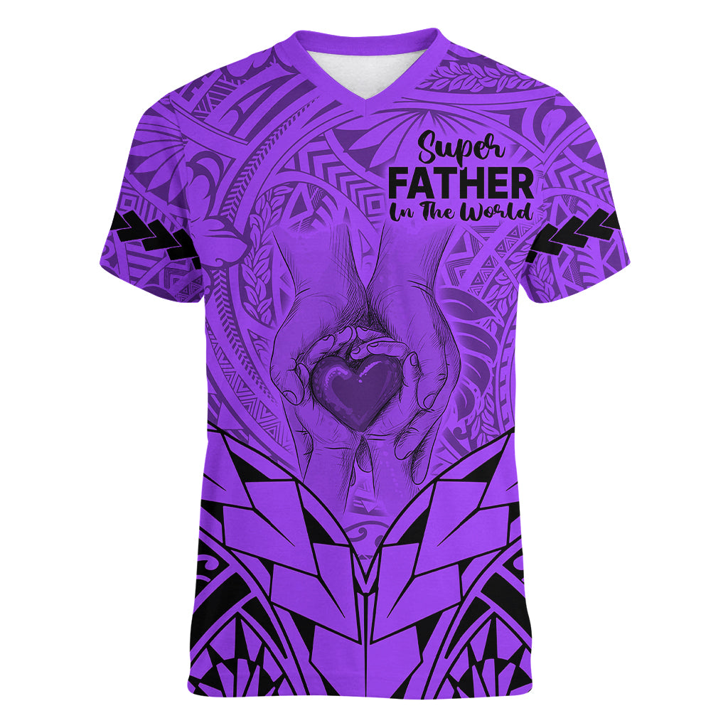Polynesian Father's Day Gift For Dad Women V Neck T Shirt Super Father In The World - Purple Polynesian Pattern - Wonder Print Shop