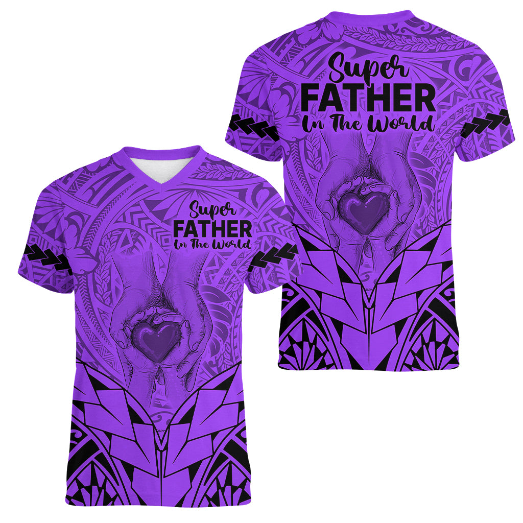 Polynesian Father's Day Gift For Dad Women V Neck T Shirt Super Father In The World - Purple Polynesian Pattern - Wonder Print Shop