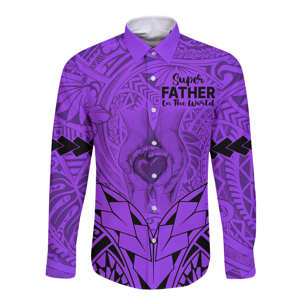 Personalised Polynesian Father's Day Gift For Dad Long Sleeve Button Shirt Super Father In The World - Purple Polynesian Pattern - Wonder Print Shop