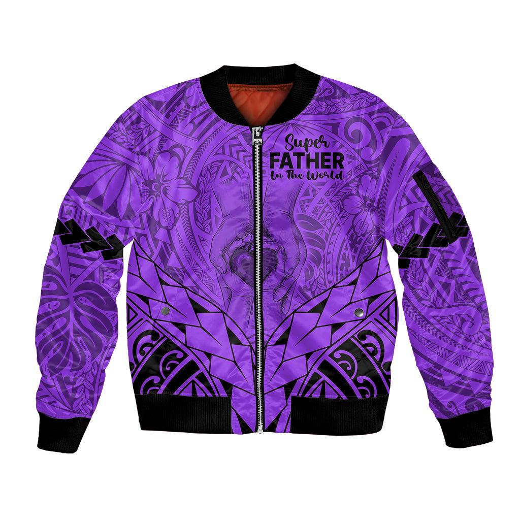 Personalised Polynesian Father's Day Gift For Dad Sleeve Zip Bomber Jacket Super Father In The World - Purple Polynesian Pattern - Wonder Print Shop