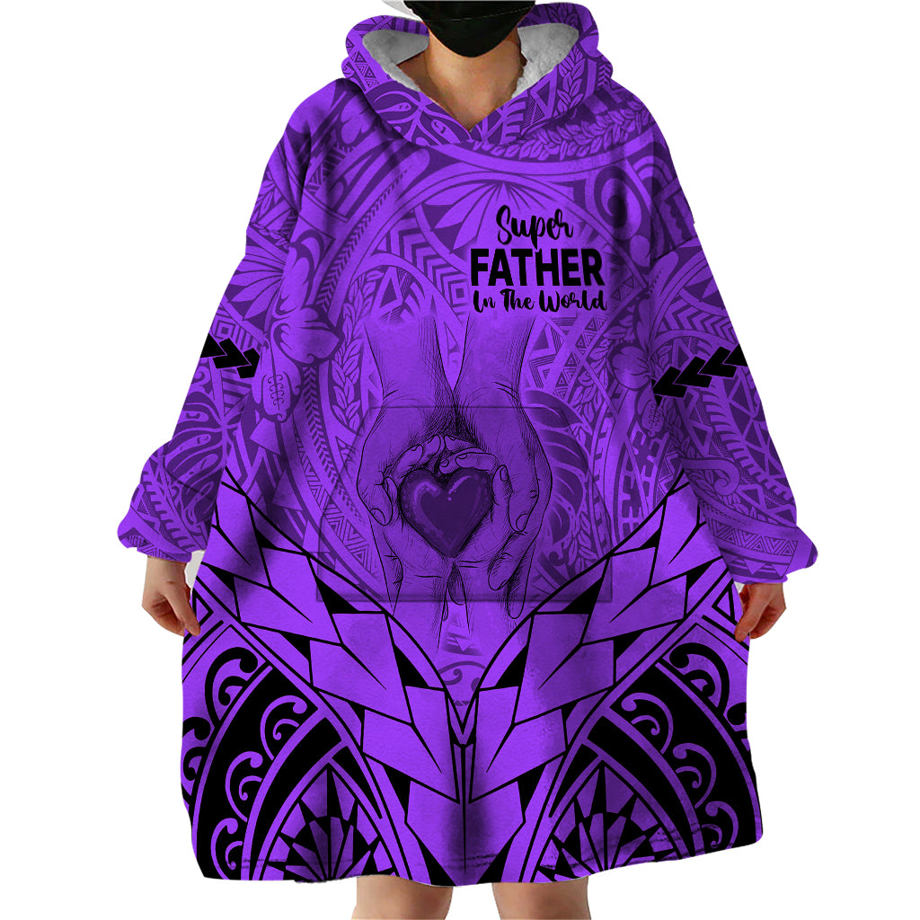 Personalised Polynesian Father's Day Gift For Dad Wearable Blanket Hoodie Super Father In The World - Purple Polynesian Pattern - Wonder Print Shop