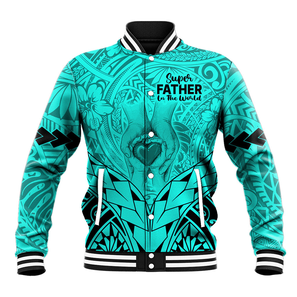 Polynesian Father's Day Gift For Dad Baseball Jacket Super Father In The World - Turquoise Polynesian Pattern LT9 - Wonder Print Shop