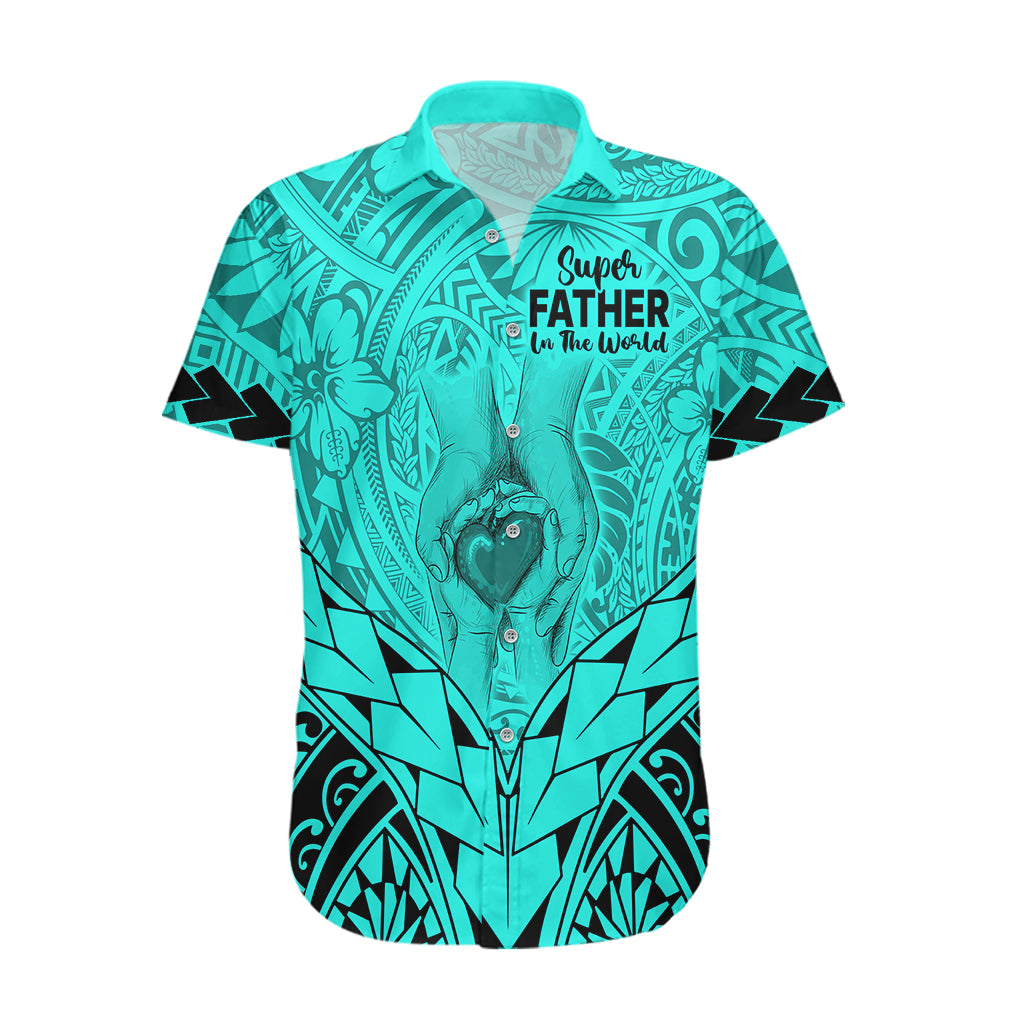 polynesian-fathers-day-gift-for-dad-hawaiian-shirt-super-father-in-the-world-turquoise-polynesian-pattern