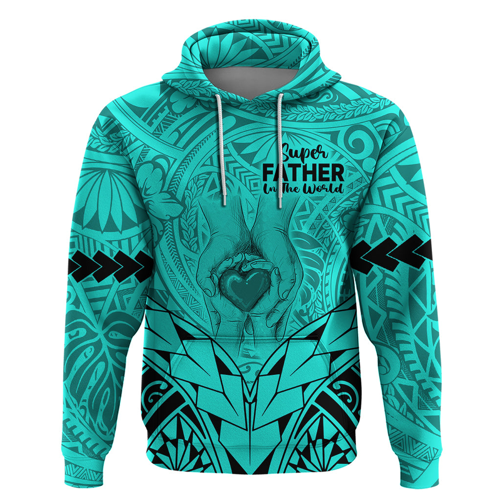 Polynesian Father's Day Gift For Dad Hoodie Super Father In The World - Turquoise Polynesian Pattern - Wonder Print Shop