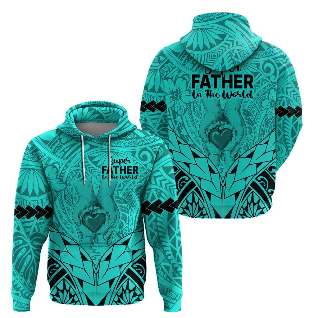 Polynesian Father's Day Gift For Dad Hoodie Super Father In The World - Turquoise Polynesian Pattern - Wonder Print Shop