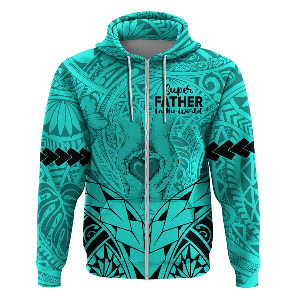 Polynesian Father's Day Gift For Dad Hoodie Super Father In The World - Turquoise Polynesian Pattern - Wonder Print Shop