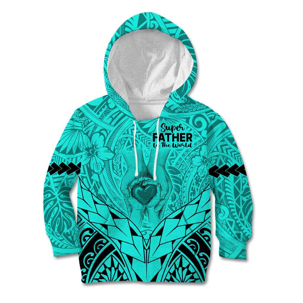 Polynesian Father's Day Gift For Dad Kid Hoodie Super Father In The World - Turquoise Polynesian Pattern - Wonder Print Shop