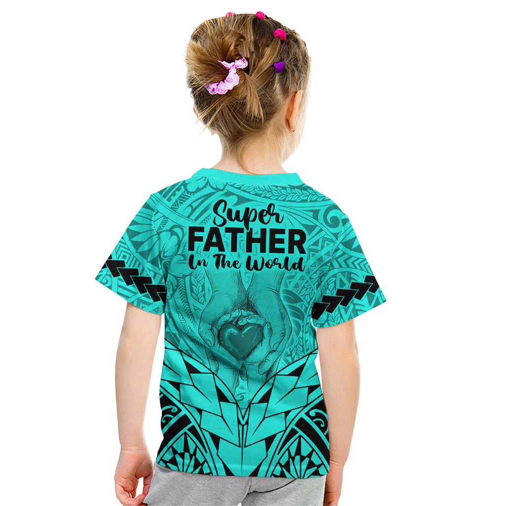 Polynesian Father's Day Gift For Dad Kid T Shirt Super Father In The World - Turquoise Polynesian Pattern - Wonder Print Shop