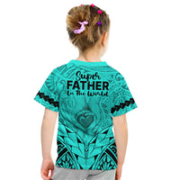 Polynesian Father's Day Gift For Dad Kid T Shirt Super Father In The World - Turquoise Polynesian Pattern - Wonder Print Shop