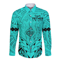 Polynesian Father's Day Gift For Dad Long Sleeve Button Shirt Super Father In The World - Turquoise Polynesian Pattern - Wonder Print Shop