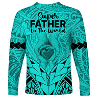 Polynesian Father's Day Gift For Dad Long Sleeve Shirt Super Father In The World - Turquoise Polynesian Pattern - Wonder Print Shop