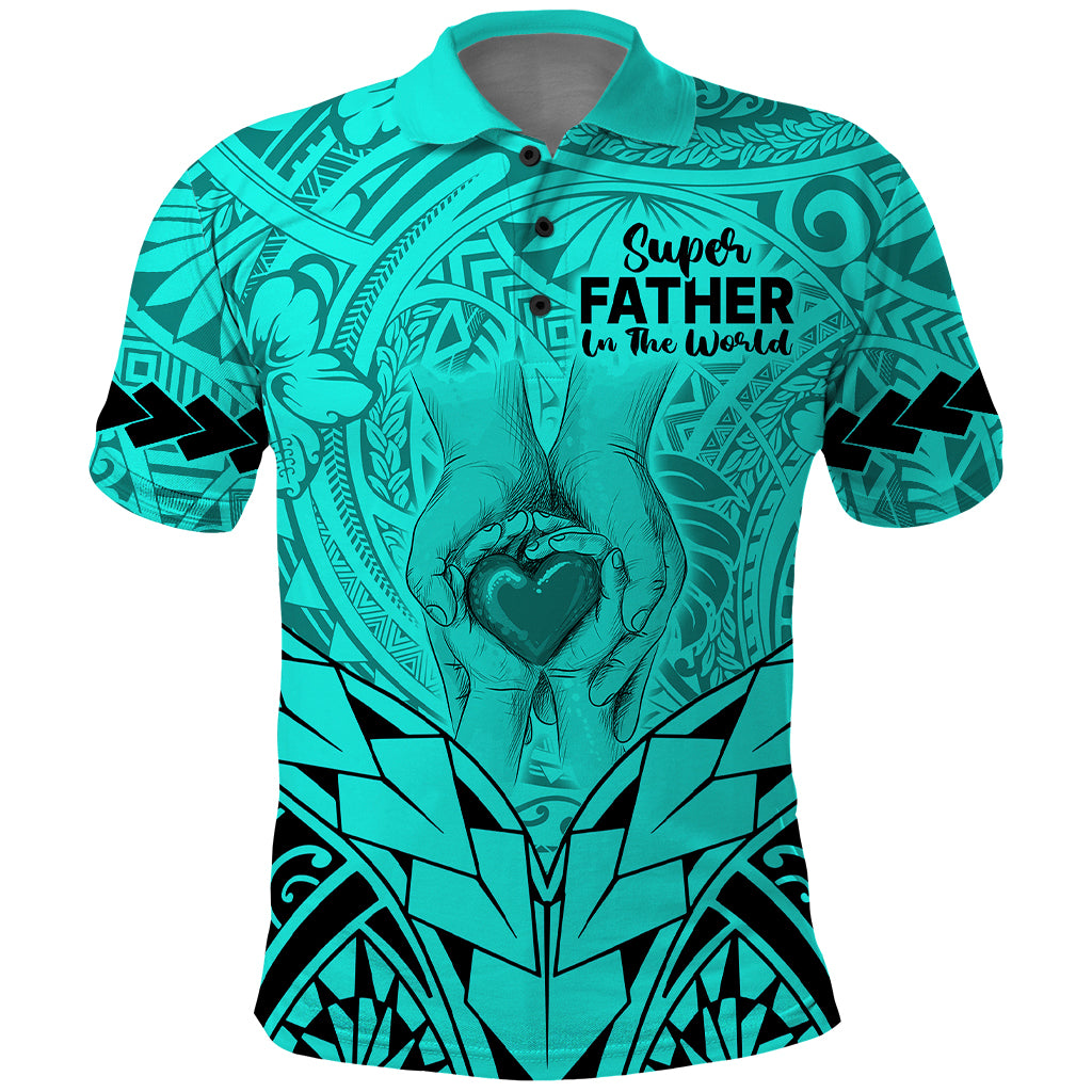 Polynesian Fathers Day Gift For Dad Polo Shirt Super Father In The World Turquoise Polynesian Pattern - Wonder Print Shop