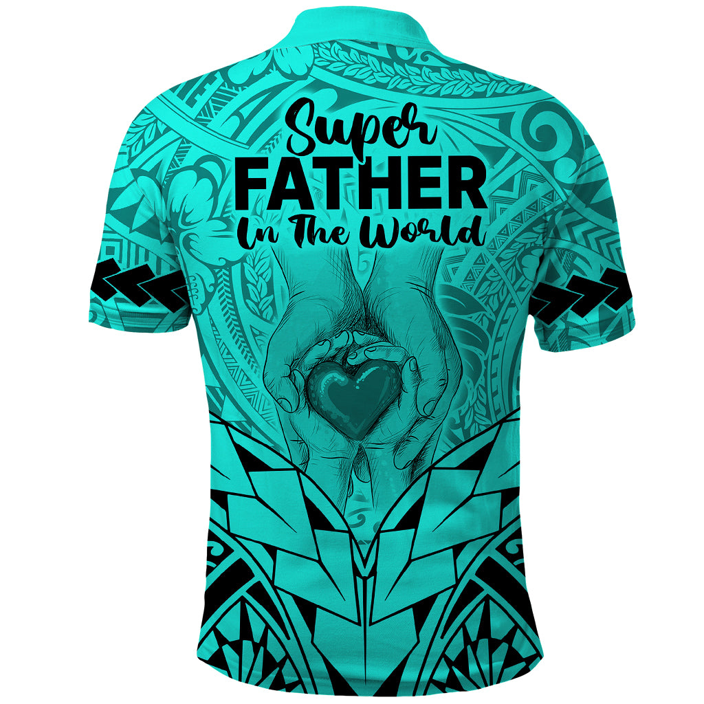 Polynesian Fathers Day Gift For Dad Polo Shirt Super Father In The World Turquoise Polynesian Pattern - Wonder Print Shop