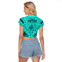 Polynesian Father's Day Gift For Dad Raglan Cropped T Shirt Super Father In The World - Turquoise Polynesian Pattern - Wonder Print Shop