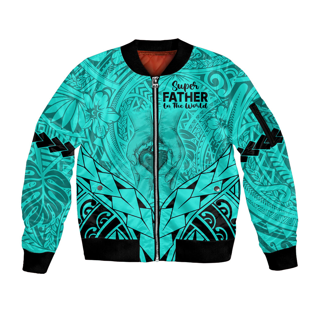 Polynesian Father's Day Gift For Dad Sleeve Zip Bomber Jacket Super Father In The World - Turquoise Polynesian Pattern - Wonder Print Shop