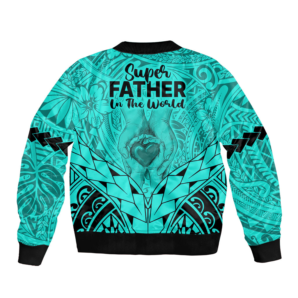 Polynesian Father's Day Gift For Dad Sleeve Zip Bomber Jacket Super Father In The World - Turquoise Polynesian Pattern - Wonder Print Shop