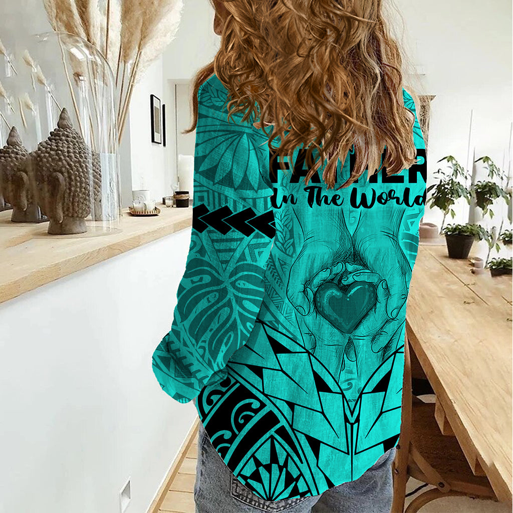 Polynesian Father's Day Gift For Dad Women Casual Shirt Super Father In The World - Turquoise Polynesian Pattern - Wonder Print Shop